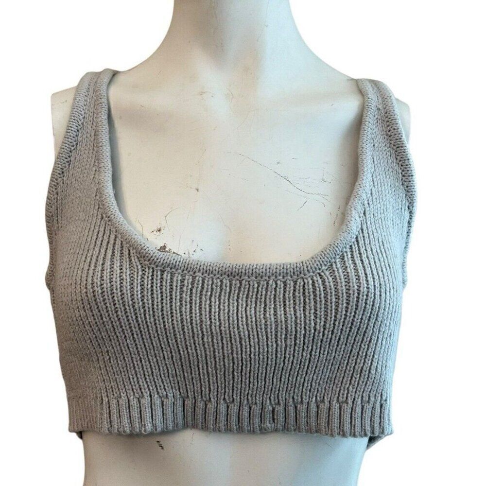 We Wore What Scoop Chunky Cozy Knit Bra XL Short Crop Tank Top Light Gray NWT